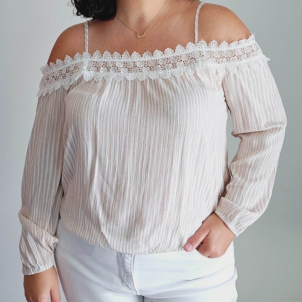 *** August Lace Trimmed Off The Shoulder Bubble Top - Tan & Off White